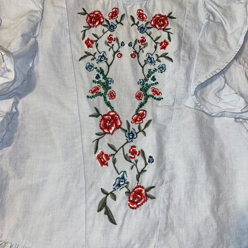 ZARA Embroidered Floral Ruffle Blouse - Light Blue Cotton - XS - Picture 2 of 10